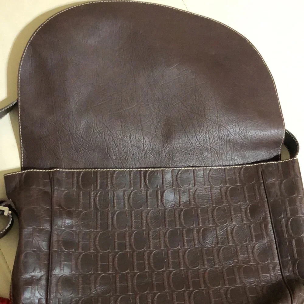 Carolina Herrera CH Monogram Large Leather Messenger Shoulder Bag Brown - Picture 4 of 10